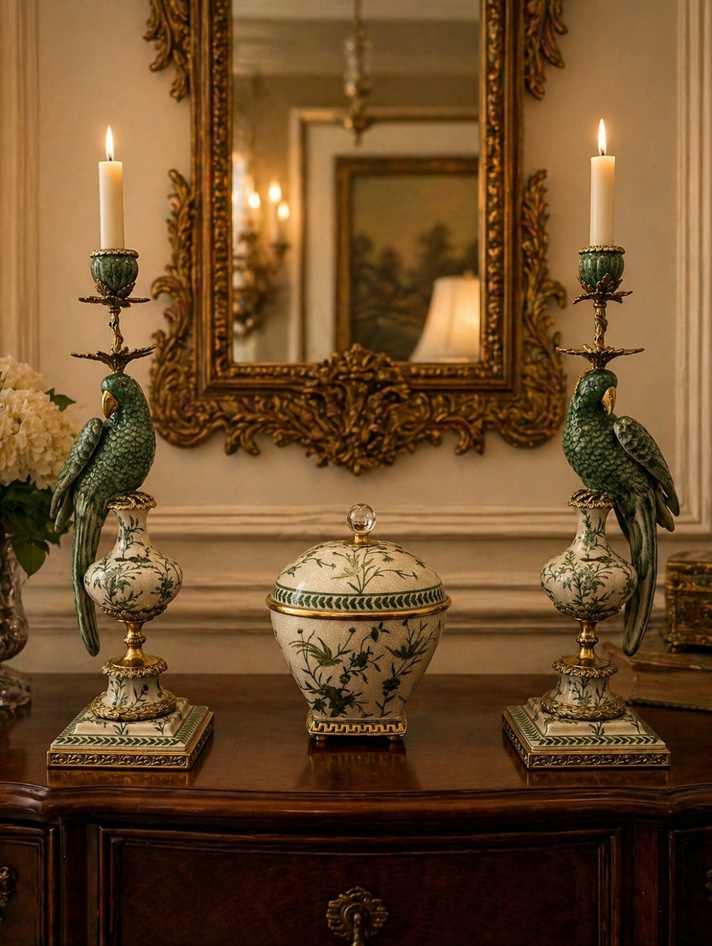 3Pcs Green & White Porcelain & Bronze Ormolu Parrot Candle Holders & Centerpiece